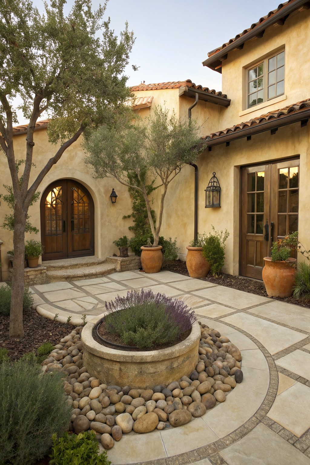 Beige stucco house with arched wooden entry doors, olive trees, terracotta pots with plants, and a circular stone planter containing lavender surrounded by river rocks on a tiled path in a front courtyard.