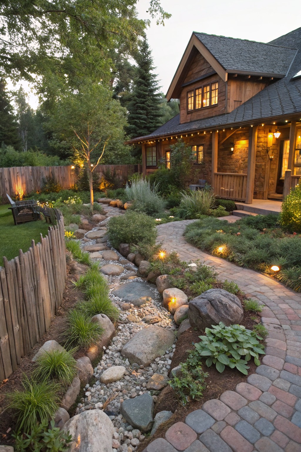 Wooden house with cedar siding and stone accents at dusk, front yard featuring a winding dry riverbed path of river rocks and stepping stones bordered by plants, grasses, and low-voltage lighting, with a curved brick paver walkway nearby.