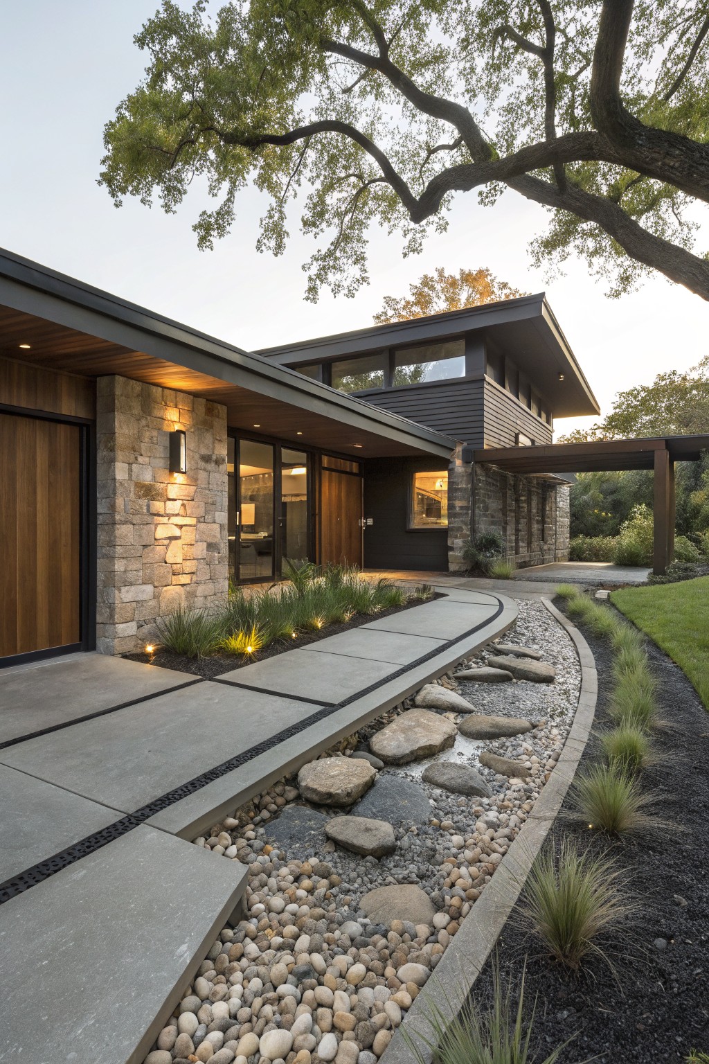 Curved concrete walkway edged with river rocks and large stepping stones, bordered by grasses, leading to the entry of a modern stone and wood house under trees.
