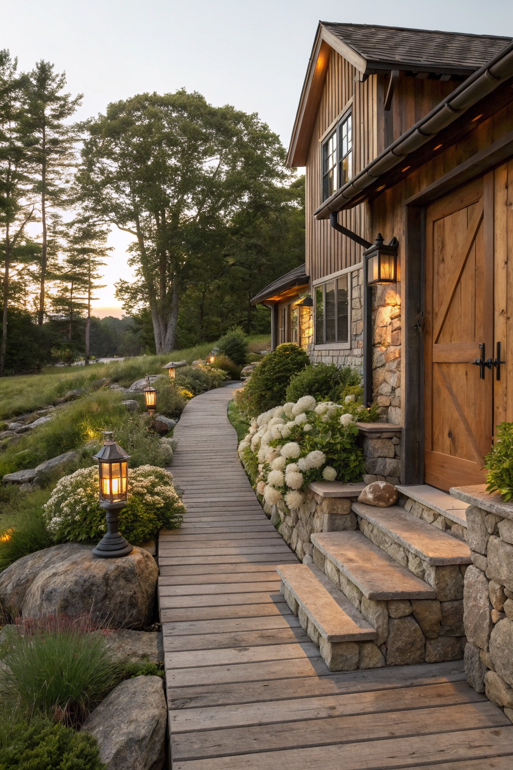 Wooden boardwalk path edged with large river rocks, plants, grasses, and lanterns leading to stone steps and double doors on a wooden house exterior amid trees.