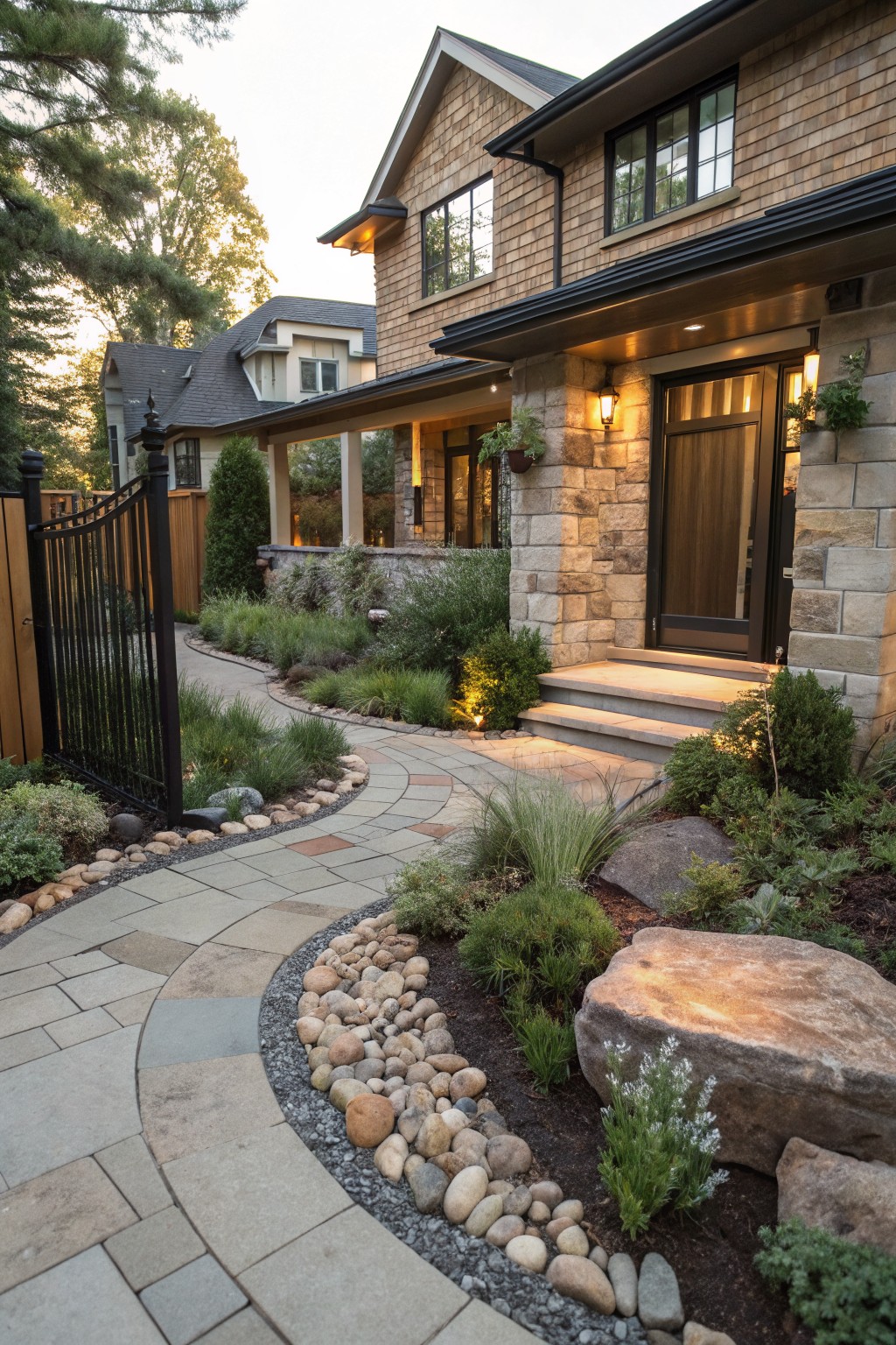 Curved gray and red stone pathway bordered by river rocks and plants leading to the front door of a shingle and stone house with landscape lighting and trees in the background.