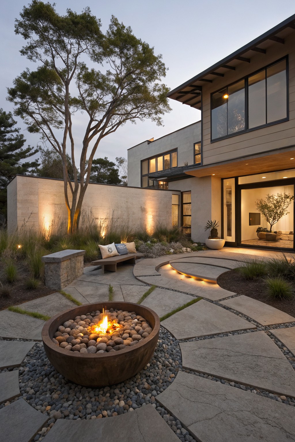 Stone fire pit bowl filled and surrounded by river rocks in a curved concrete paver patio outside a modern wood and glass home entrance, with bench seating, grasses, and pathway lighting.