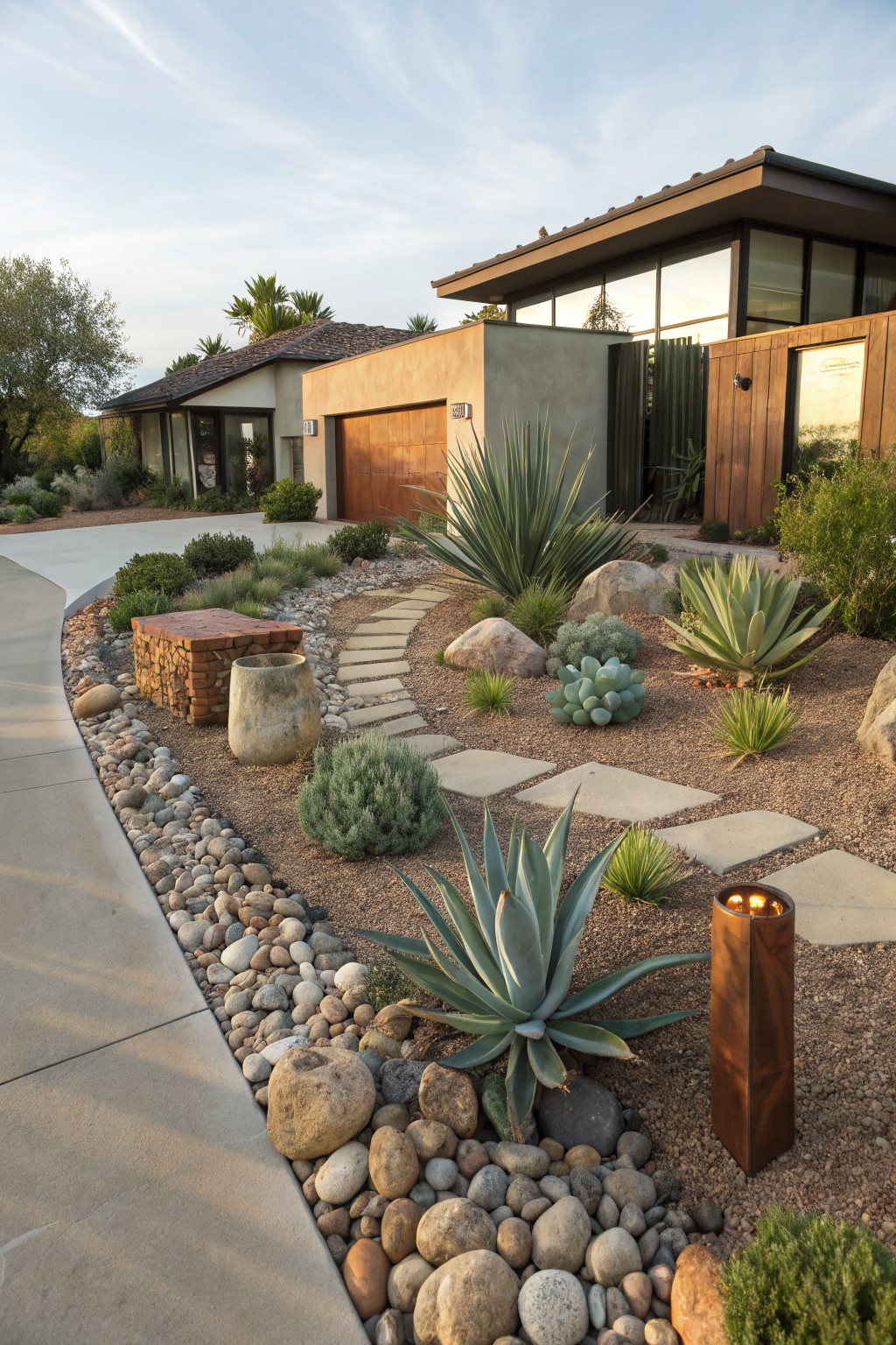 Front yard landscaping with river rock ground cover, large agave plants, succulents, boulders, and a curved stone paver path leading to a modern house garage and entry.