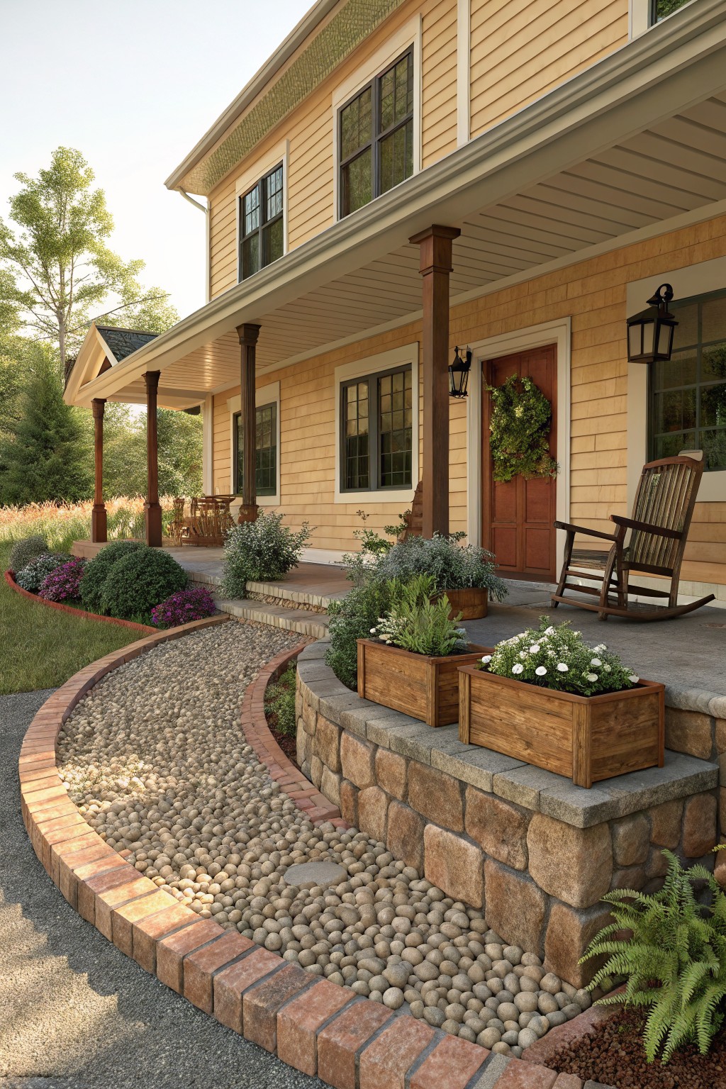 Yellow clapboard house with covered porch, red front door, rocking chair, and curved river rock pathway bordered by brick and stone walls amid shrubs and flowers in the front yard.
