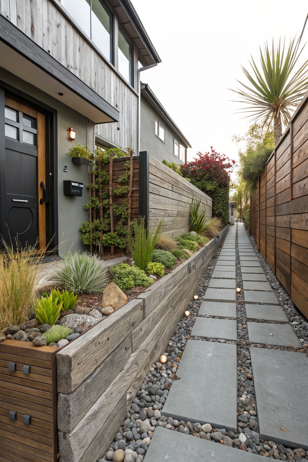Narrow concrete paver pathway bordered by river rocks and wooden raised planters with succulents, grasses, and agave, leading to a black front door on a modern house with wooden siding and fencing.