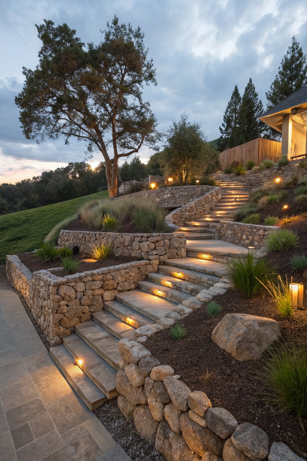 Winding stone steps with underlit treads ascend a sloped hillside, retained by dry-stacked river rock walls planted with ornamental grasses, surrounded by trees and a distant house under a partly cloudy sky.