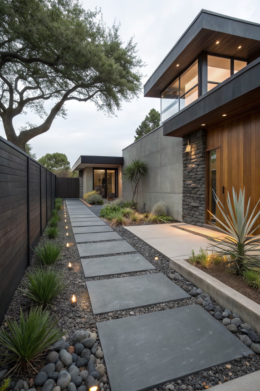 Contemporary house exterior with a front entry pathway of large rectangular gray stone pavers set into river rock mulch, edged by low grasses and agave plants, illuminated by ground lights along the path.