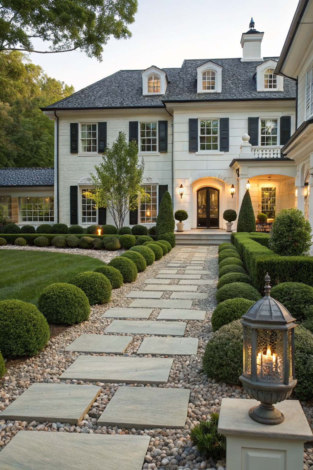 White clapboard house with black shutters and arched dark wood entry door, front yard pathway of large rectangular gray stone slabs set into river rock bed and lined with spherical boxwood shrubs and lanterns.