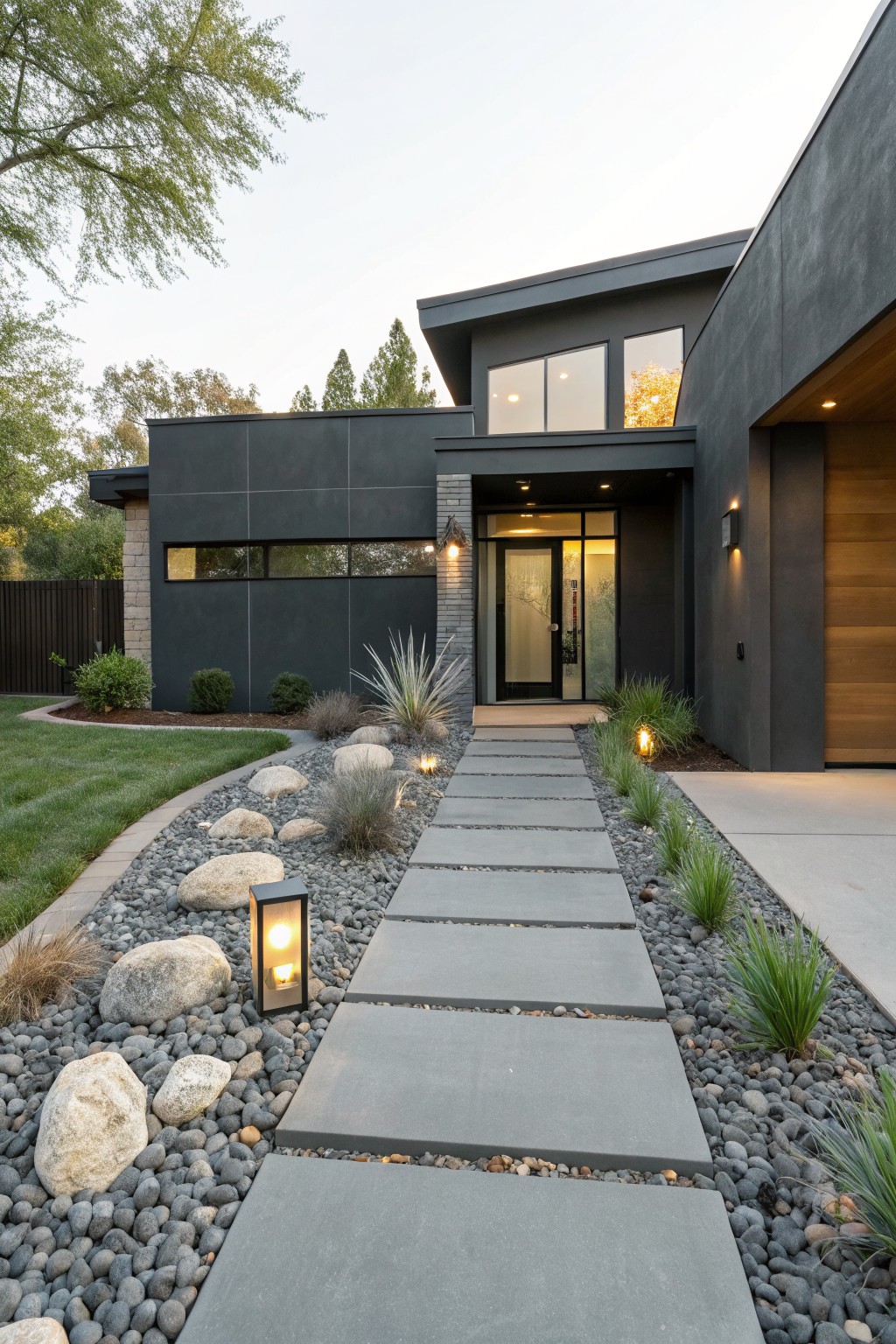 Modern dark gray house exterior with a pathway of large rectangular concrete pavers set into river rock groundcover, edged by grasses and boulders, leading to a glass front door.