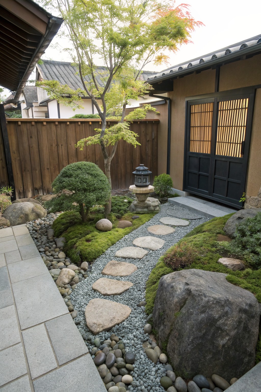 Japanese garden courtyard featuring a stepping stone path winding through river rock mulch, moss-covered ground, boulders, clipped shrubs, a stone lantern, and a traditional wooden entry door with shoji screens.