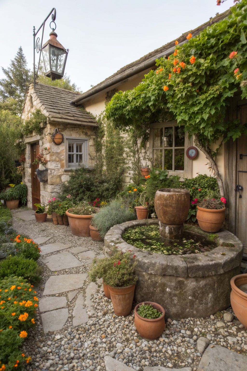 Stone cottage with arched door and window, covered in vines, surrounded by terracotta pots, flower beds, a central stone fountain, and flagstone path set in river rock gravel.