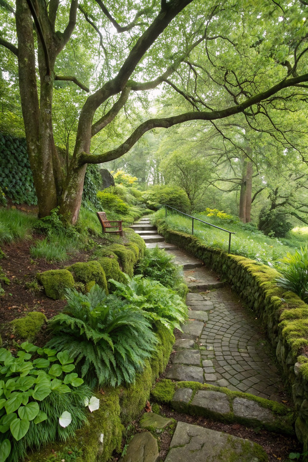 Winding stone pathway with moss-covered retaining walls, lush ferns, trees, and a red wooden bench in a green garden.