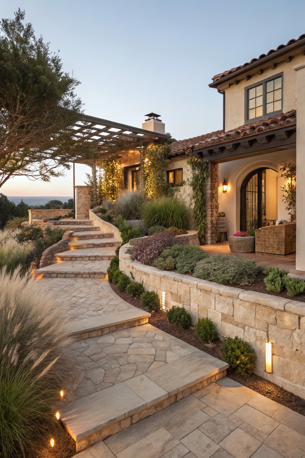 Winding stone steps with recessed lighting under treads, lined by ornamental grasses and shrubs on a curved retaining wall, leading to a patio at a stucco home exterior during twilight.