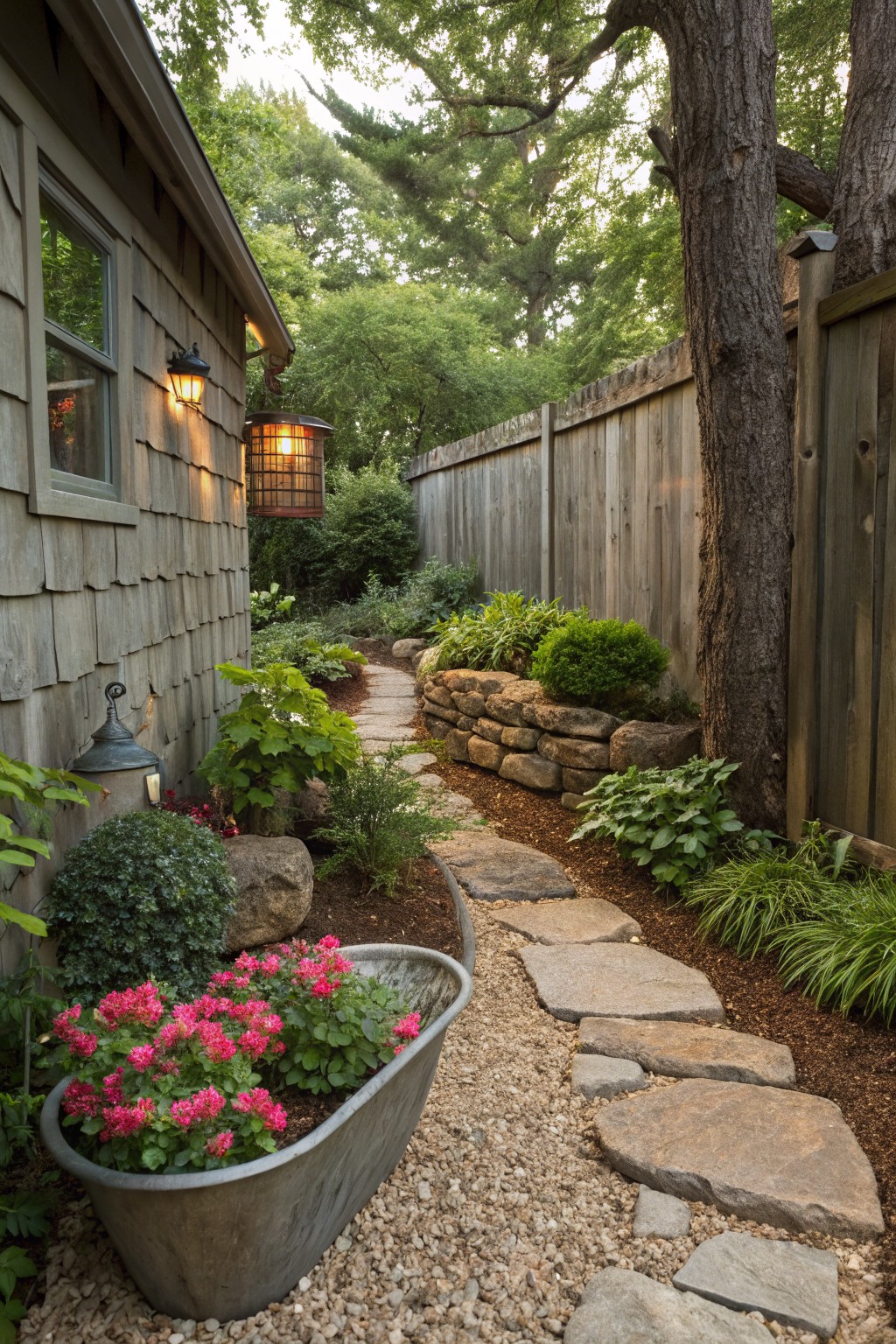 Gravel garden path with irregular stone steps, low stone retaining wall, various green shrubs and plants, a large galvanized bathtub planter filled with pink flowers, wall lanterns on shingled house exterior, wooden fence, and tree trunk.