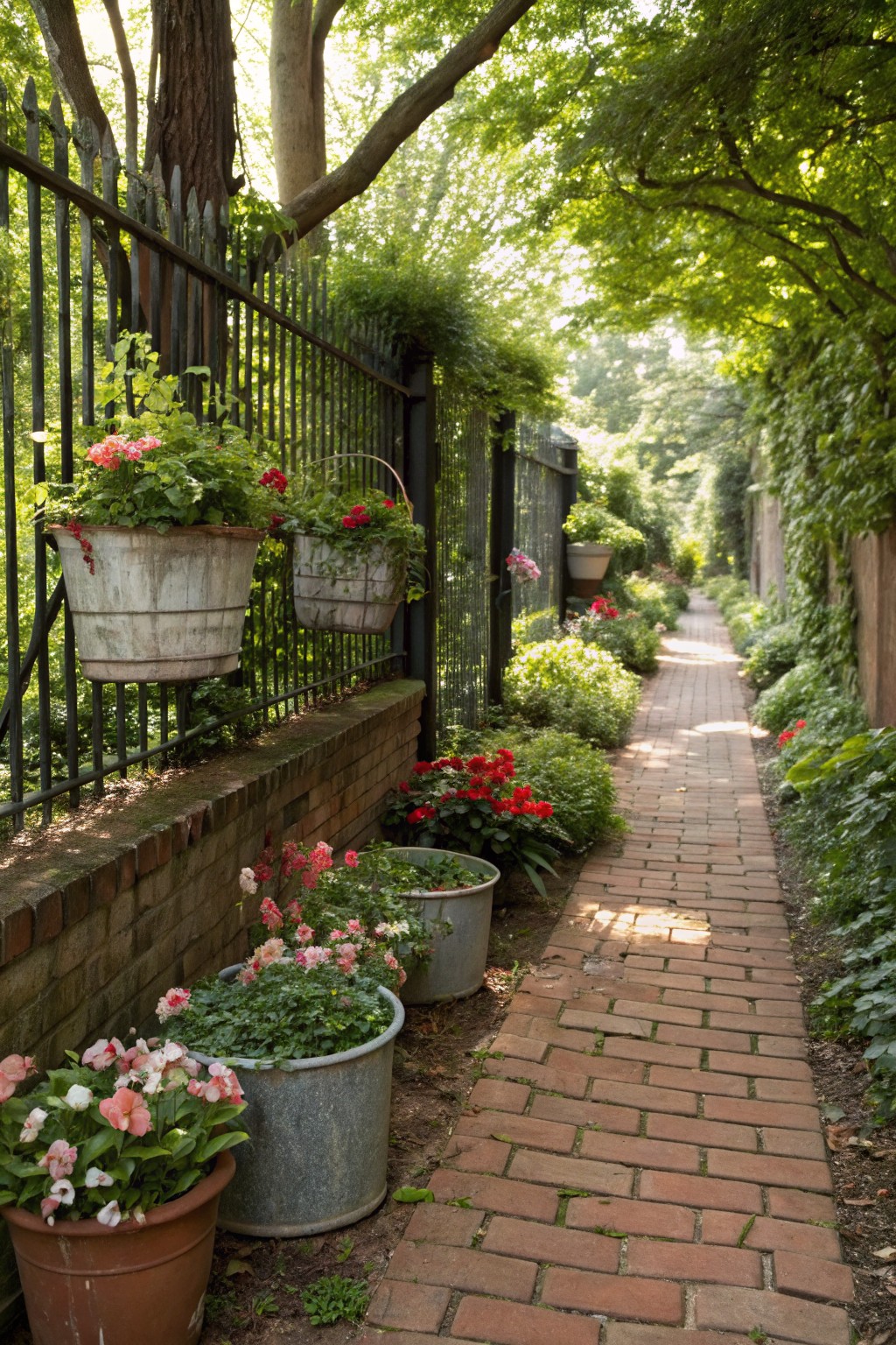 Narrow brick garden path flanked by black iron fence overgrown with ivy and greenery, with colorful pink and red begonias planted in hanging and ground-level white metal buckets and terracotta pots.