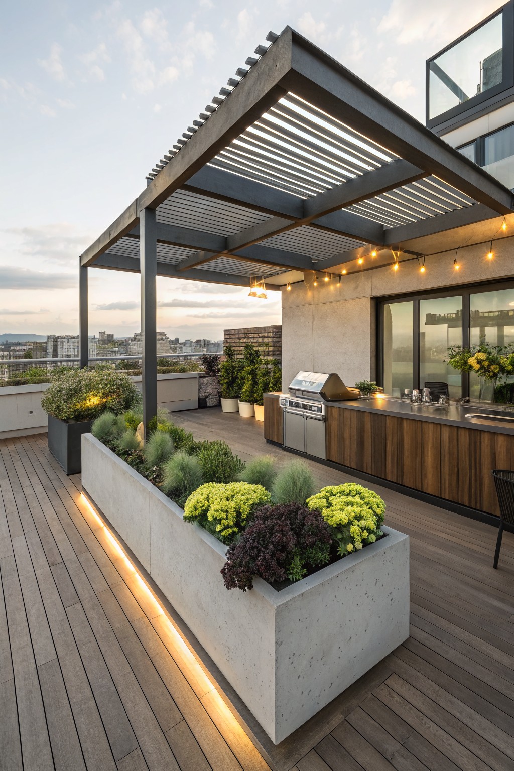 Rooftop terrace deck with light wood flooring, built-in wooden outdoor kitchen and stainless steel grill, black metal pergola overhead, string lights, and large rectangular concrete planters filled with colorful low-growing plants and grasses along the edge, city view in background at dusk.