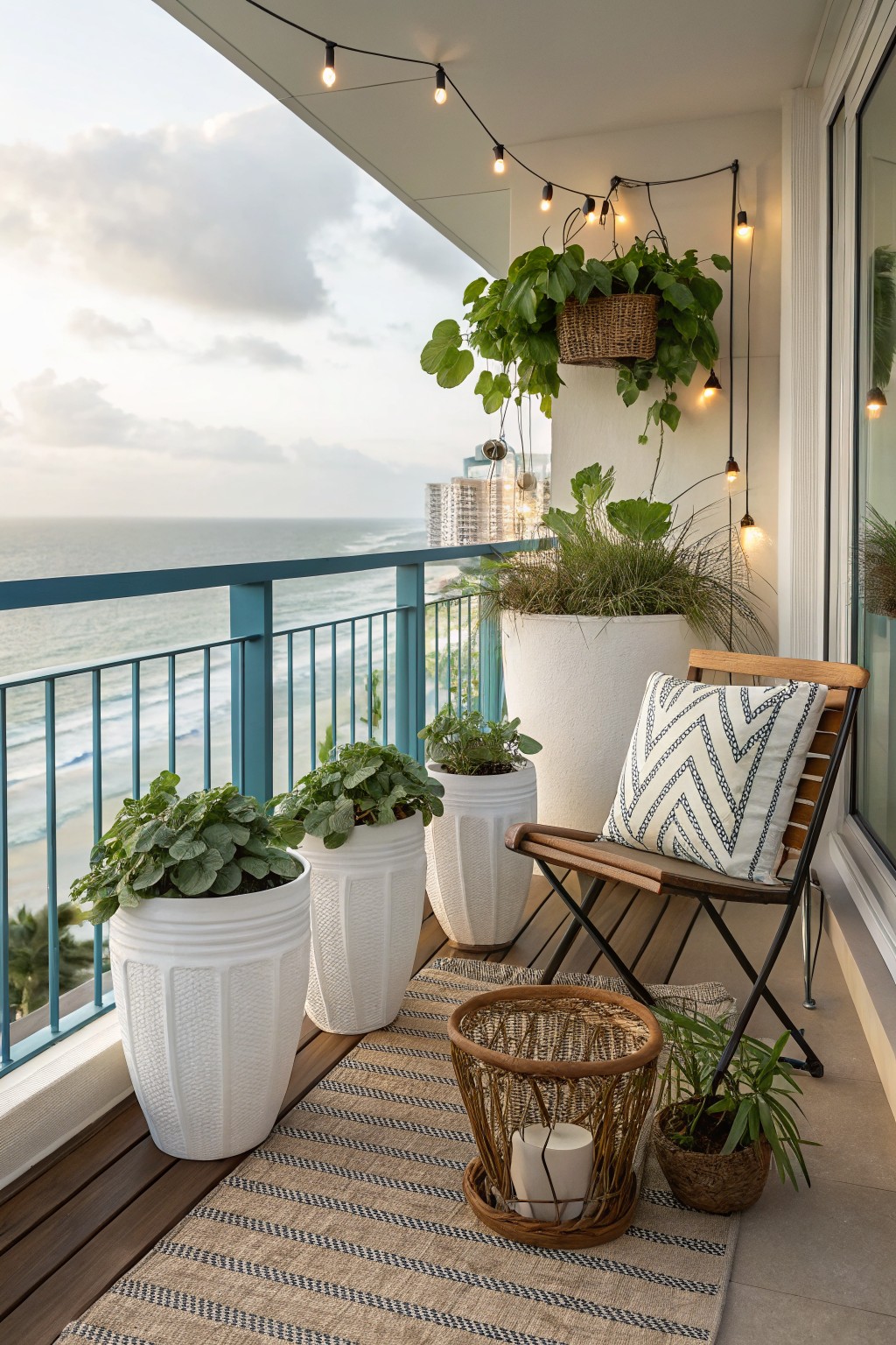 Balcony overlooking ocean with three tall white textured pots of begonias along blue metal railing, wooden folding chair with white zig-zag cushion, string lights overhead, hanging basket plant, large white pot of grass, and woven basket with candle.
