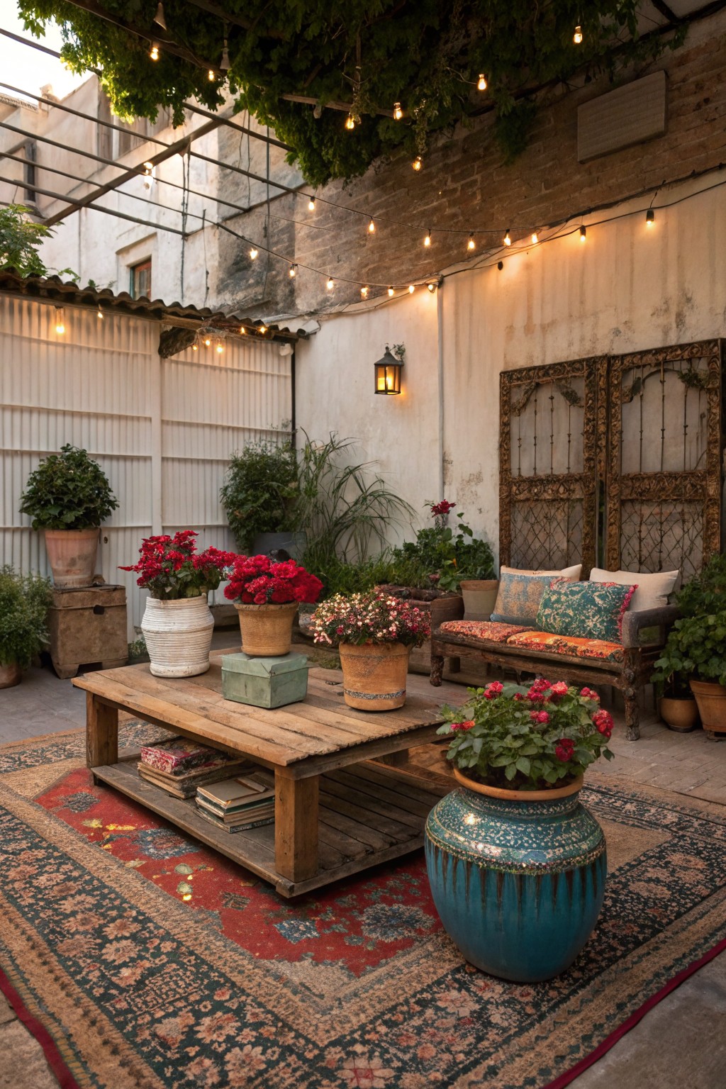 Courtyard patio with wooden table and bench on a colorful rug, surrounded by potted red-flowering plants including begonias, green foliage, string lights overhead, and white brick walls.