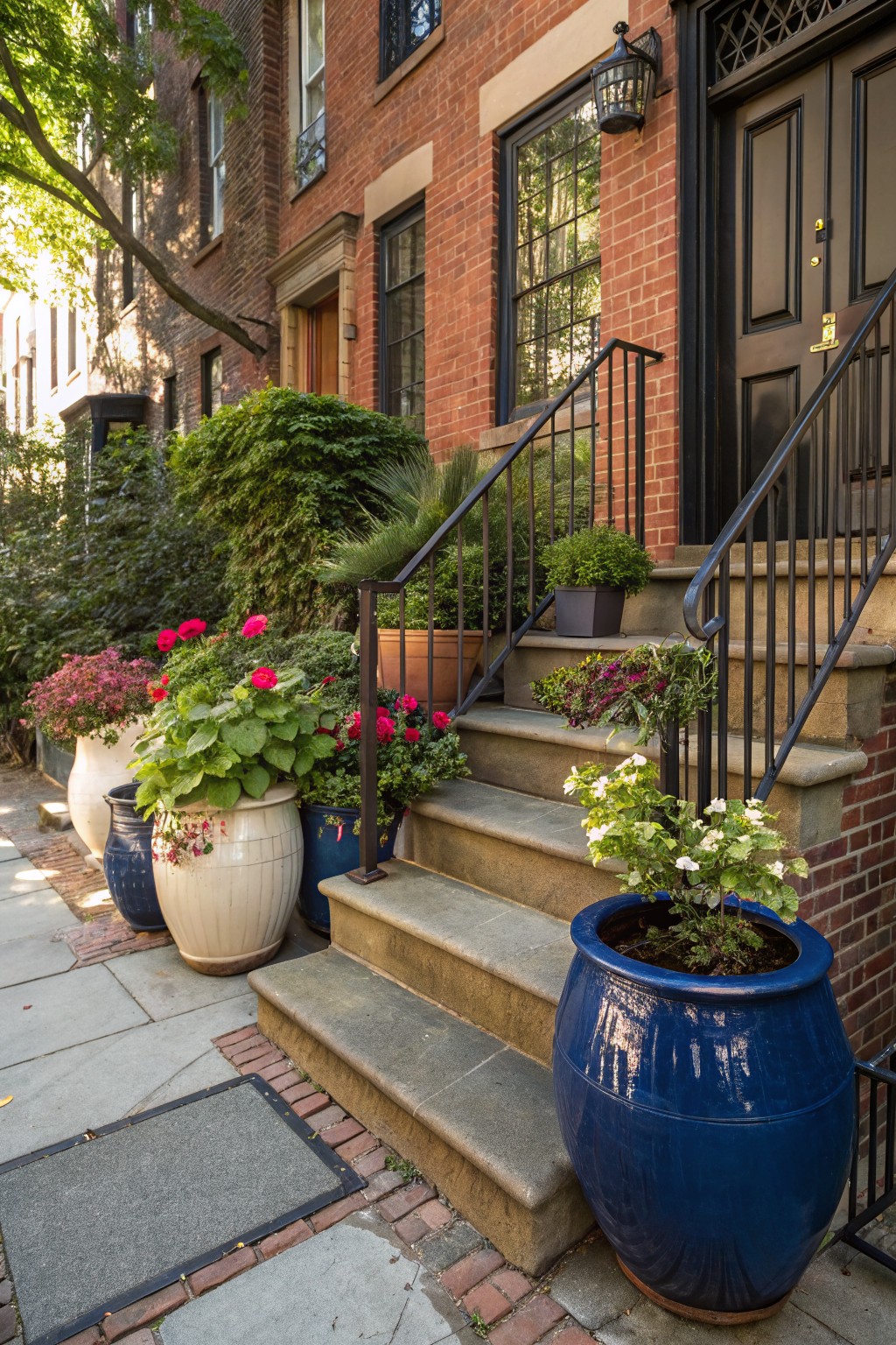 Brick townhouse exterior featuring steps to a black front door with wrought-iron railing, surrounded by large white, blue, and terracotta pots filled with pink begonias, green plants, and flowers along the sidewalk.
