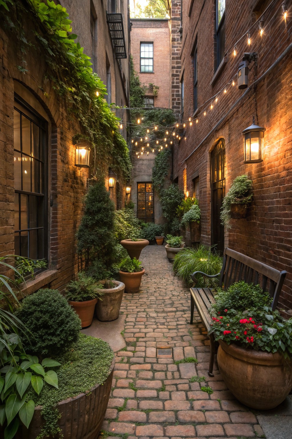 Narrow brick-paved pathway between brick buildings lined with large potted plants, small trees, ferns, a wooden bench, and string lights with lanterns.