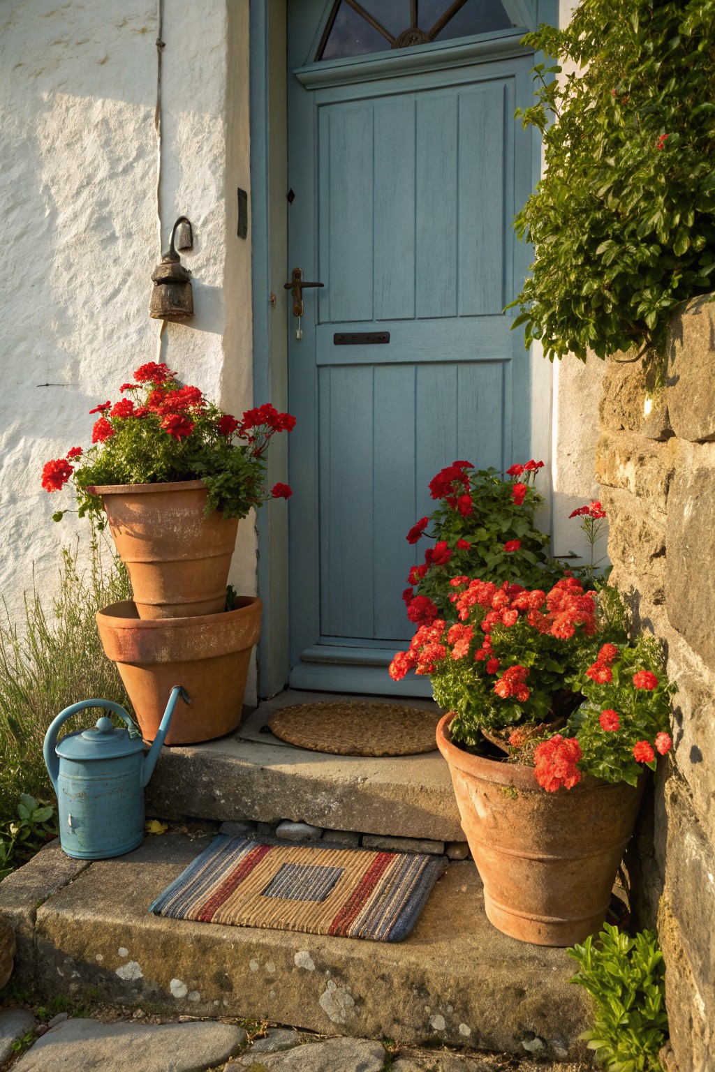 Blue front door of a white stone cottage with stacked terracotta pots of red geraniums on either side, a blue watering can on the steps, woven doormat, and lantern light.