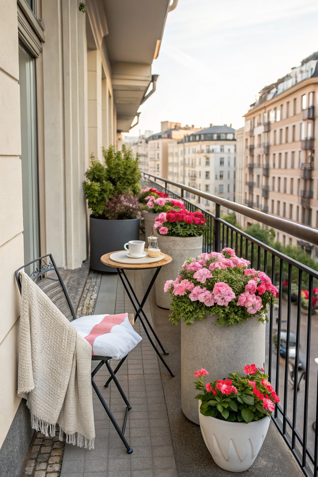 Small metal bistro table and chair on a city balcony, surrounded by large gray and white pots filled with pink begonias and other plants, with urban buildings in the background.