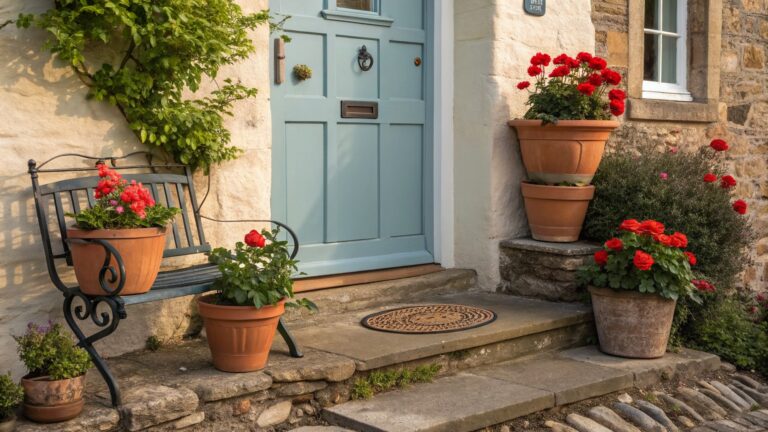 Blue front door of a white stone cottage with stacked terracotta pots of red geraniums on either side, a blue watering can on the steps, woven doormat, and lantern light.