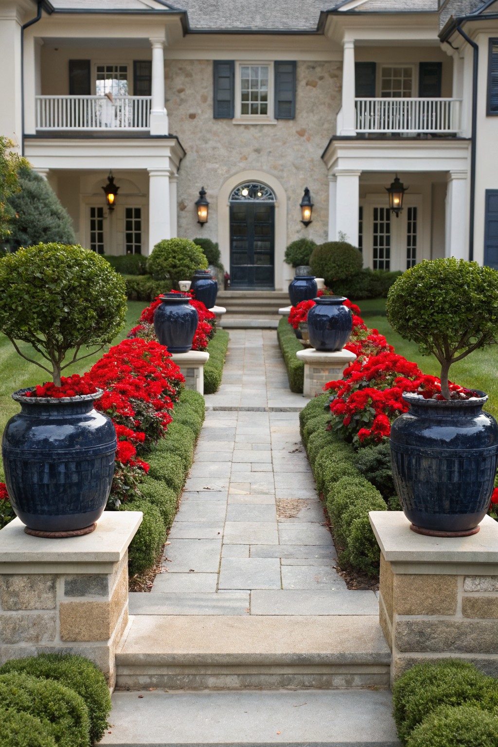Stone pathway flanked by boxwood shrubs and large blue ceramic pots filled with red begonias, leading to the arched entry of a stone house with white columns.