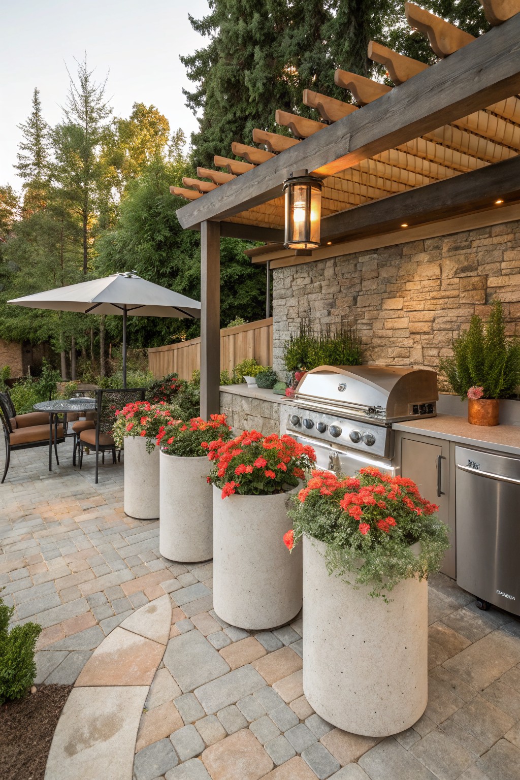 Outdoor patio featuring a built-in stainless steel grill and counter flanked by four tall white cylindrical planters filled with red blooming begonias, under a wooden pergola against a stone wall with paver flooring.