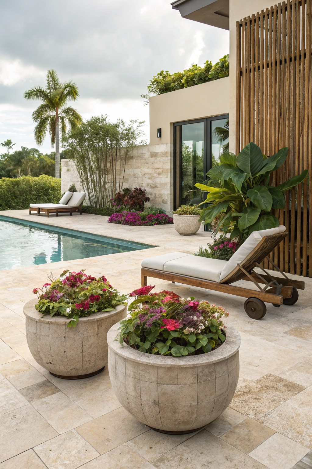Pool deck with two large textured stone pots filled with pink and red flowering plants, a white lounge chair on wheels nearby, bamboo screen wall, and modern house exterior with pool in foreground.