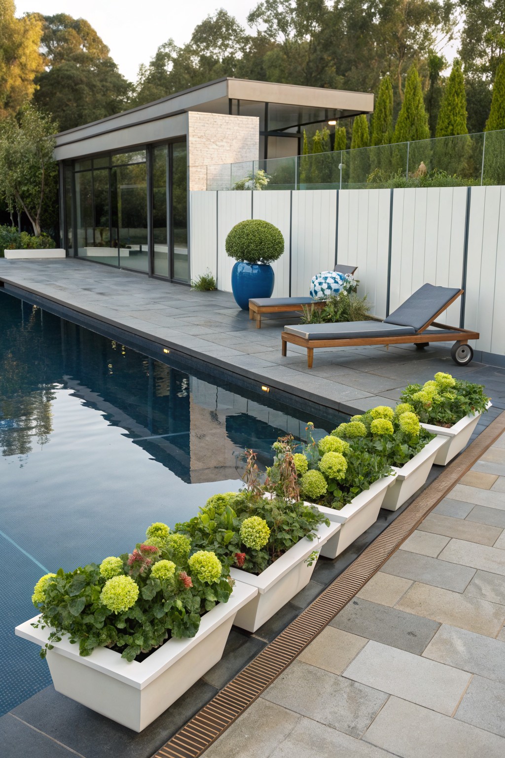 Dark pool edged by several white rectangular planters filled with lush green begonias, gray stone decking, wooden lounge chair with cushions, blue ceramic pot, glass fence, and modern house with large glass walls in background.