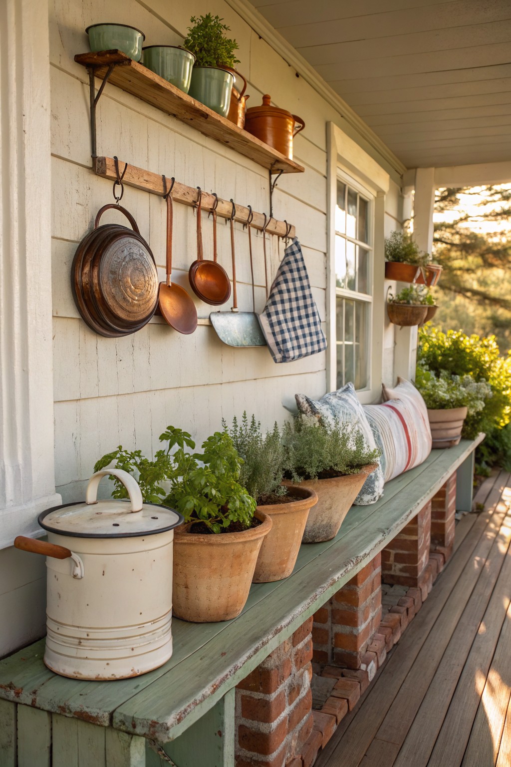 Weathered green wooden bench on a covered porch lined with terracotta pots of herbs and a white enamel bucket, copper cookware and utensils hanging from wall racks on white shiplap siding, pillows on bench, brick supports, potted plants on shelves.