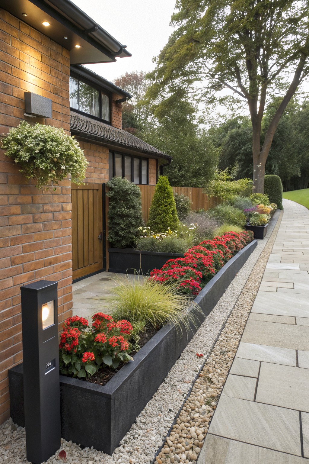 Brick house wall with wooden gate and paved stone pathway edged by long black raised planters filled with red flowers and grasses, plus white pebble border and surrounding garden plantings.