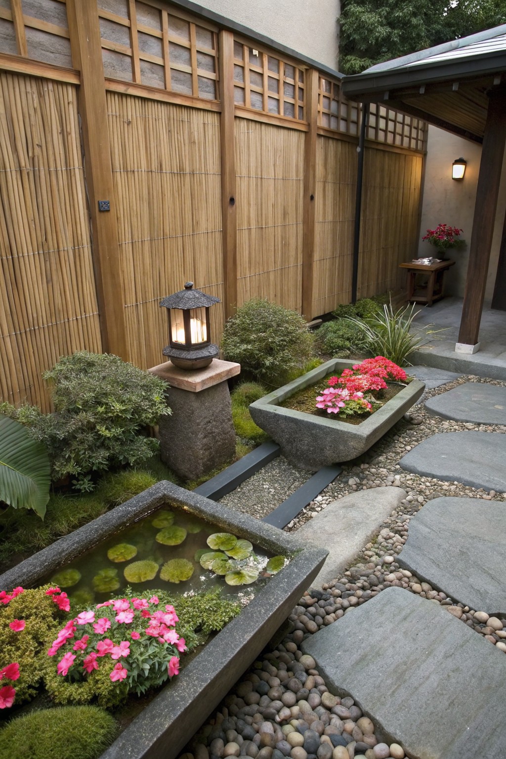 Japanese garden featuring bamboo fences, a stone lantern, low rectangular stone troughs with pink flowers and water lilies, shrubs, gravel ground cover, and irregular stone stepping stones leading to a covered wooden entryway.