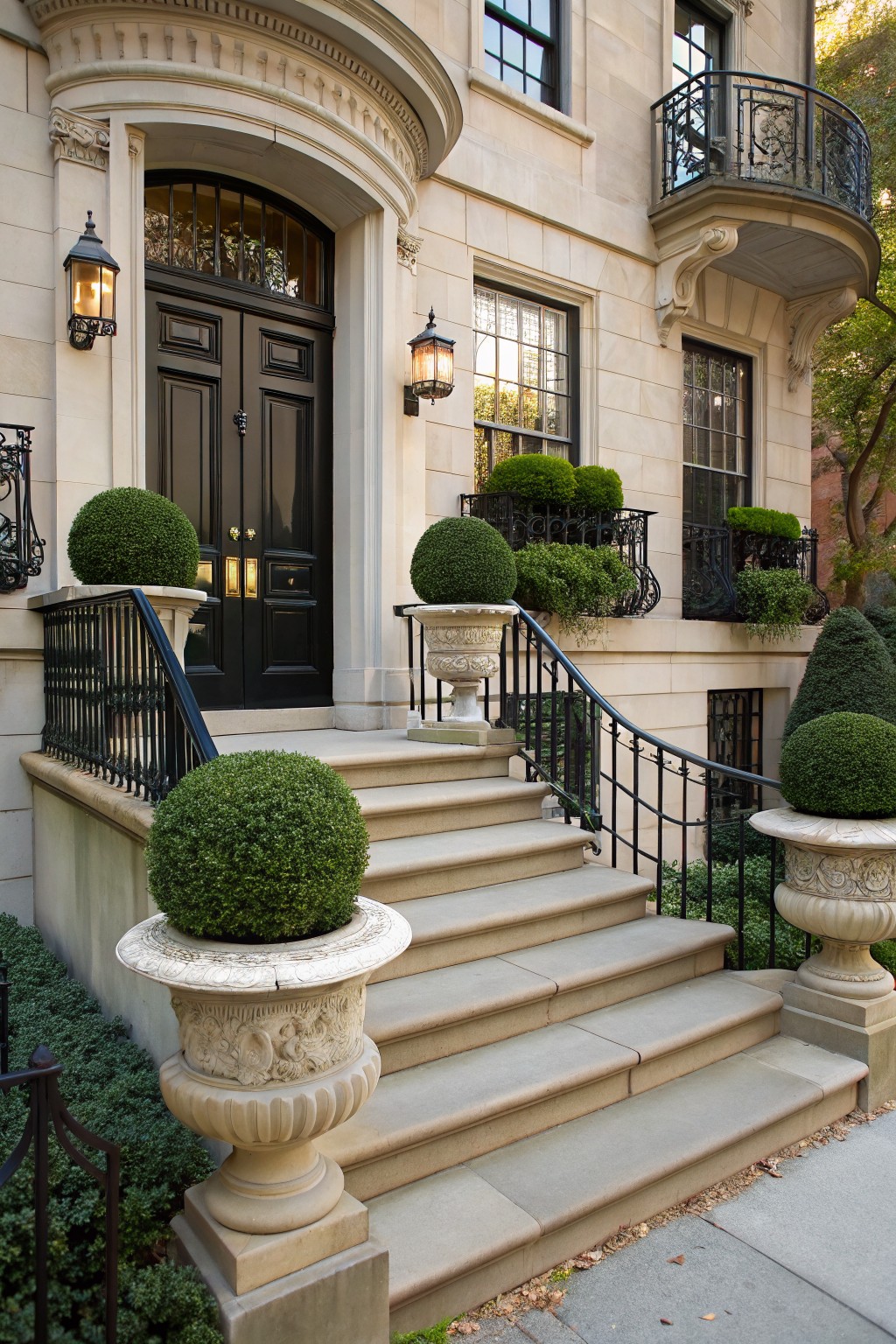 Limestone steps leading to a black double door on a beige stone townhouse facade, flanked by stone urns with spherical green topiary plants, wrought iron railings, and lanterns.