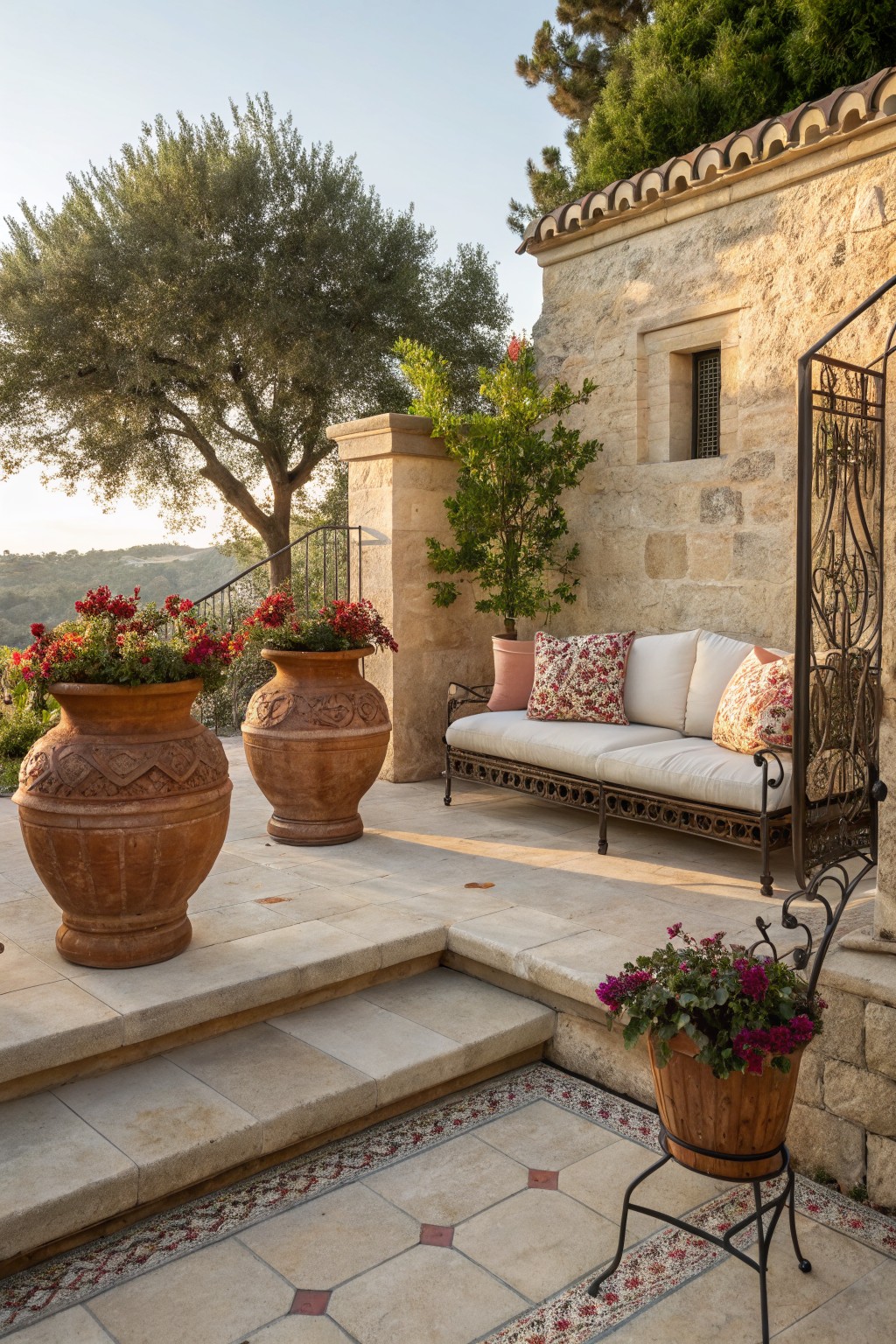 Stone terrace with two large terracotta pots of red flowers flanking a cushioned bench on a metal frame, a small basket of purple flowers on a stand near steps, adjacent to a textured stone wall and greenery.