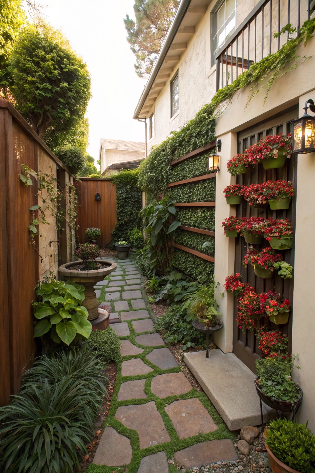 Narrow stone-paver pathway in a garden alley flanked by wooden fences and ivy-covered walls, with a stucco house wall featuring wooden slats holding green hanging pots of red blooming flowers, plus ground plants, a birdbath, and lanterns leading to a door.