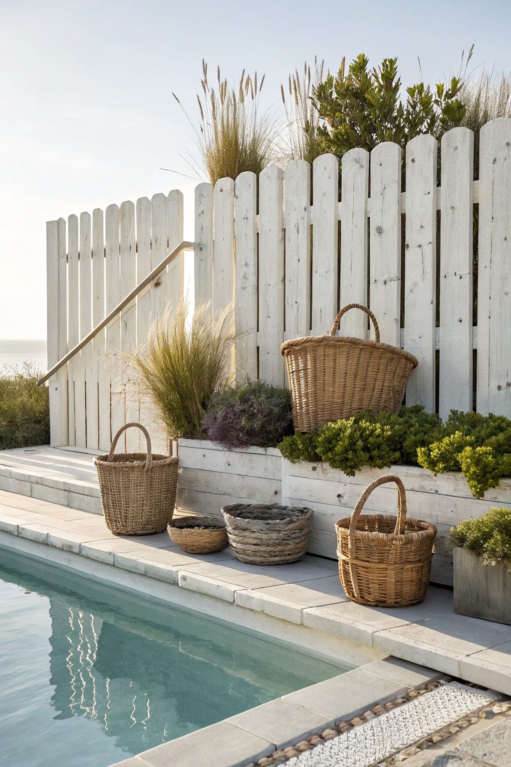 Elegant outdoor setting with a pool, woven baskets, and a white wooden fence.
