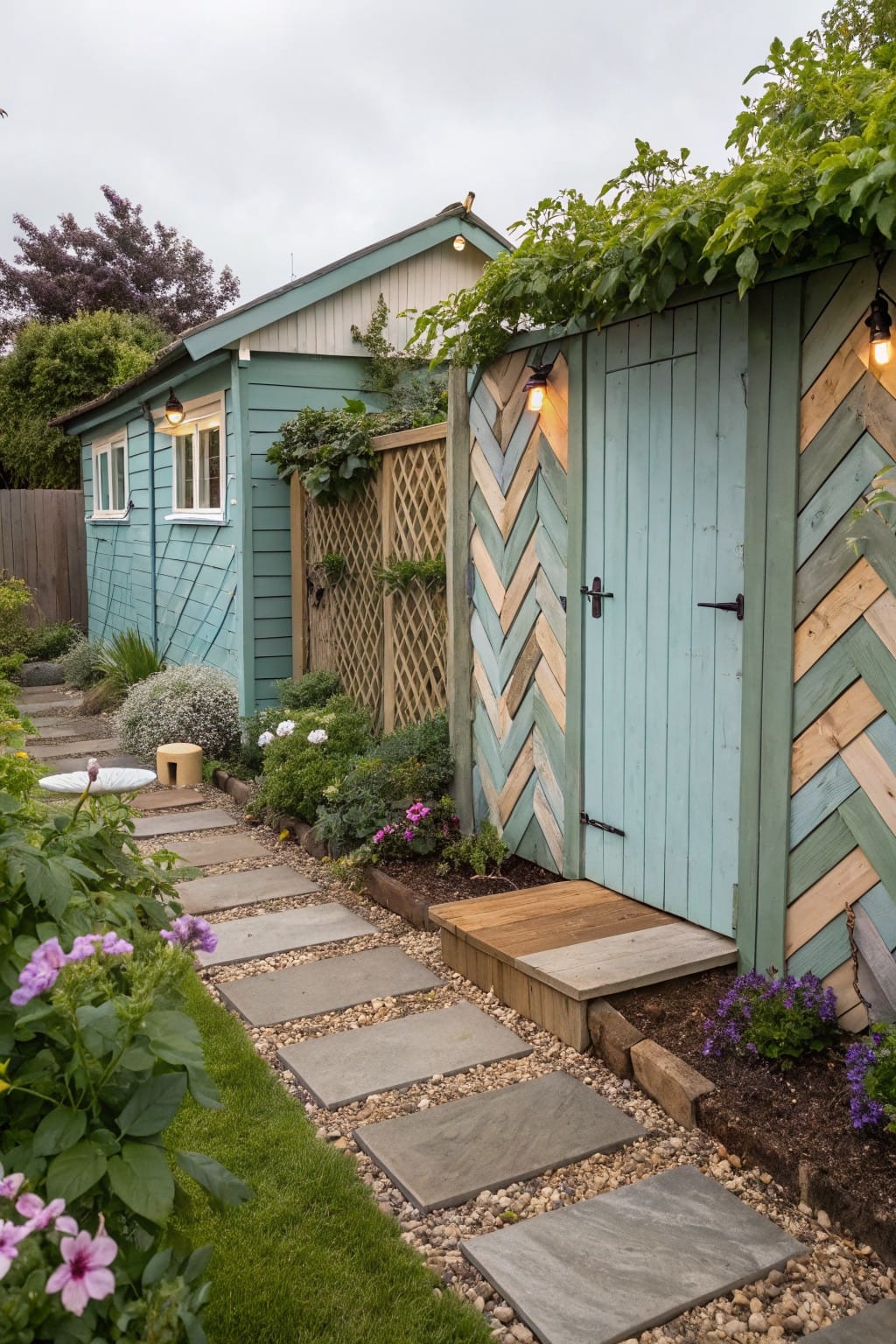 Teal wooden garden shed with chevron-patterned fence in green and tan wood, stone pathway leading to entry, surrounded by plants and lanterns.