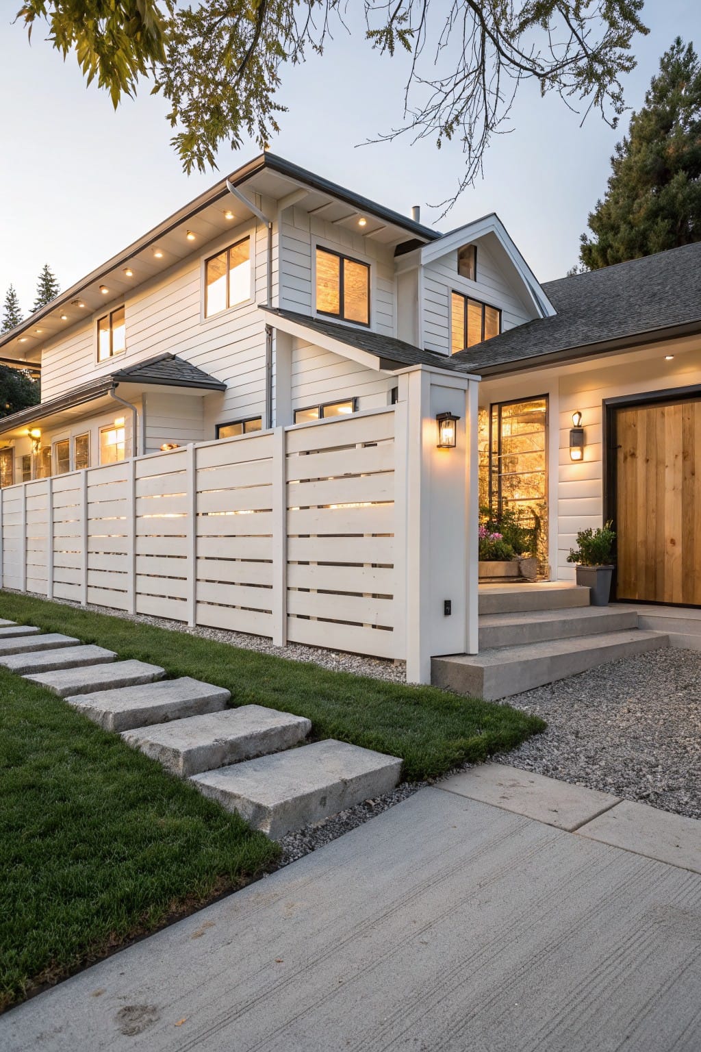 Modern two-story home with white siding, a wooden door, and stone pathway.