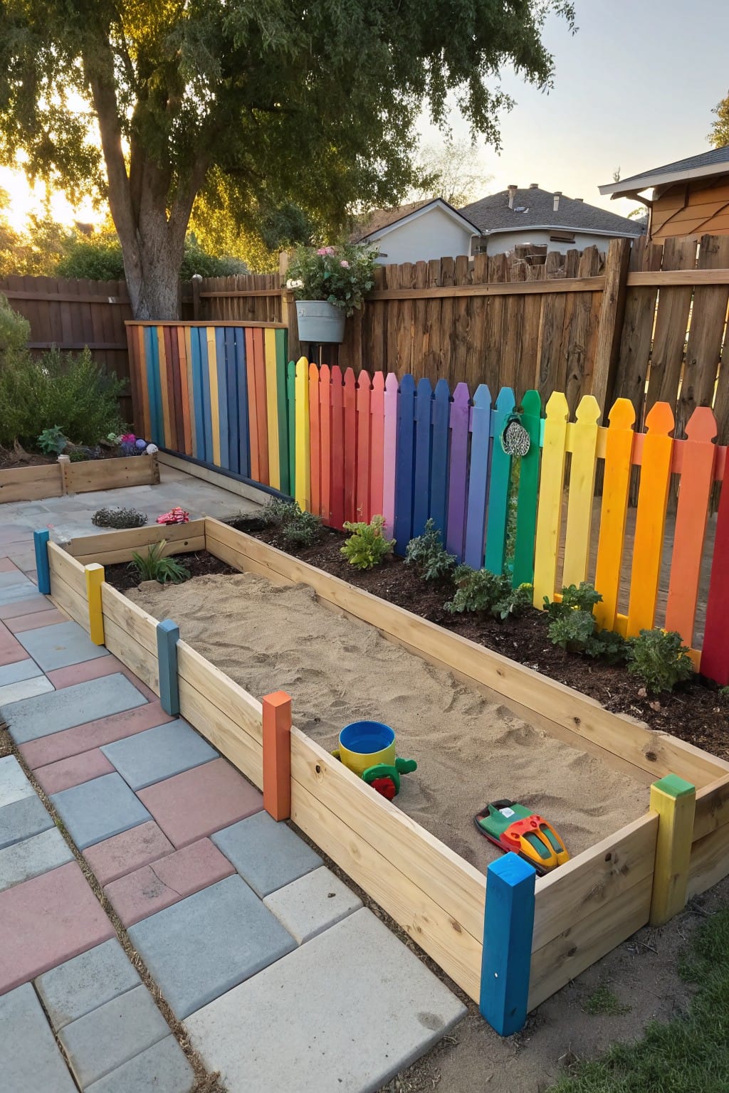 Colorful sandbox with toys, bordered by a rainbow fence and garden plants.