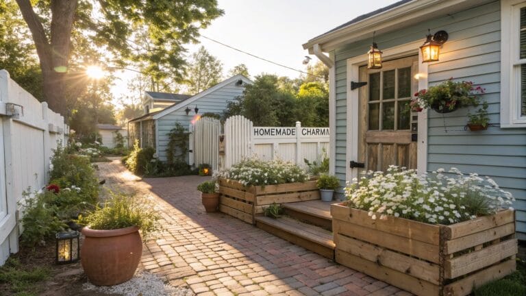 Light blue clapboard house with white picket fence gate, wooden crate planters filled with white flowers along a brick path, terracotta pot with plant, hanging lantern light, and "Homemade Charm" sign in evening sunlight.