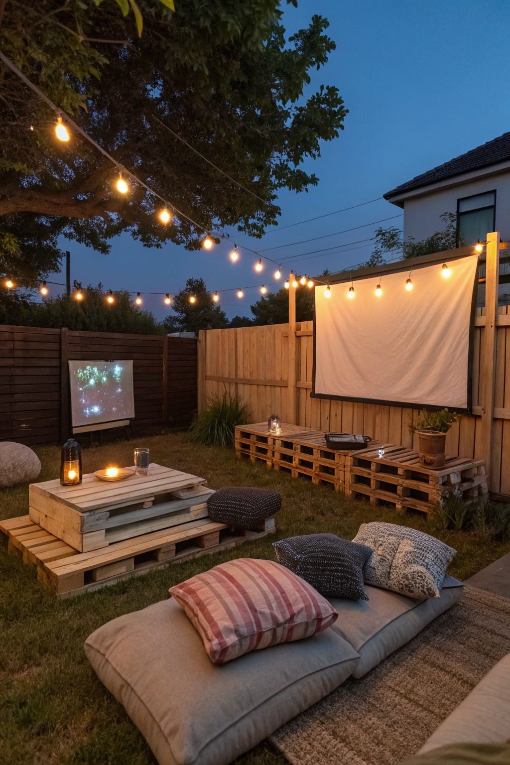 Backyard at dusk with projector screen on wooden pallet fence, pallet furniture including table and benches with cushions, string lights overhead, lanterns, potted plants, and grass surface.