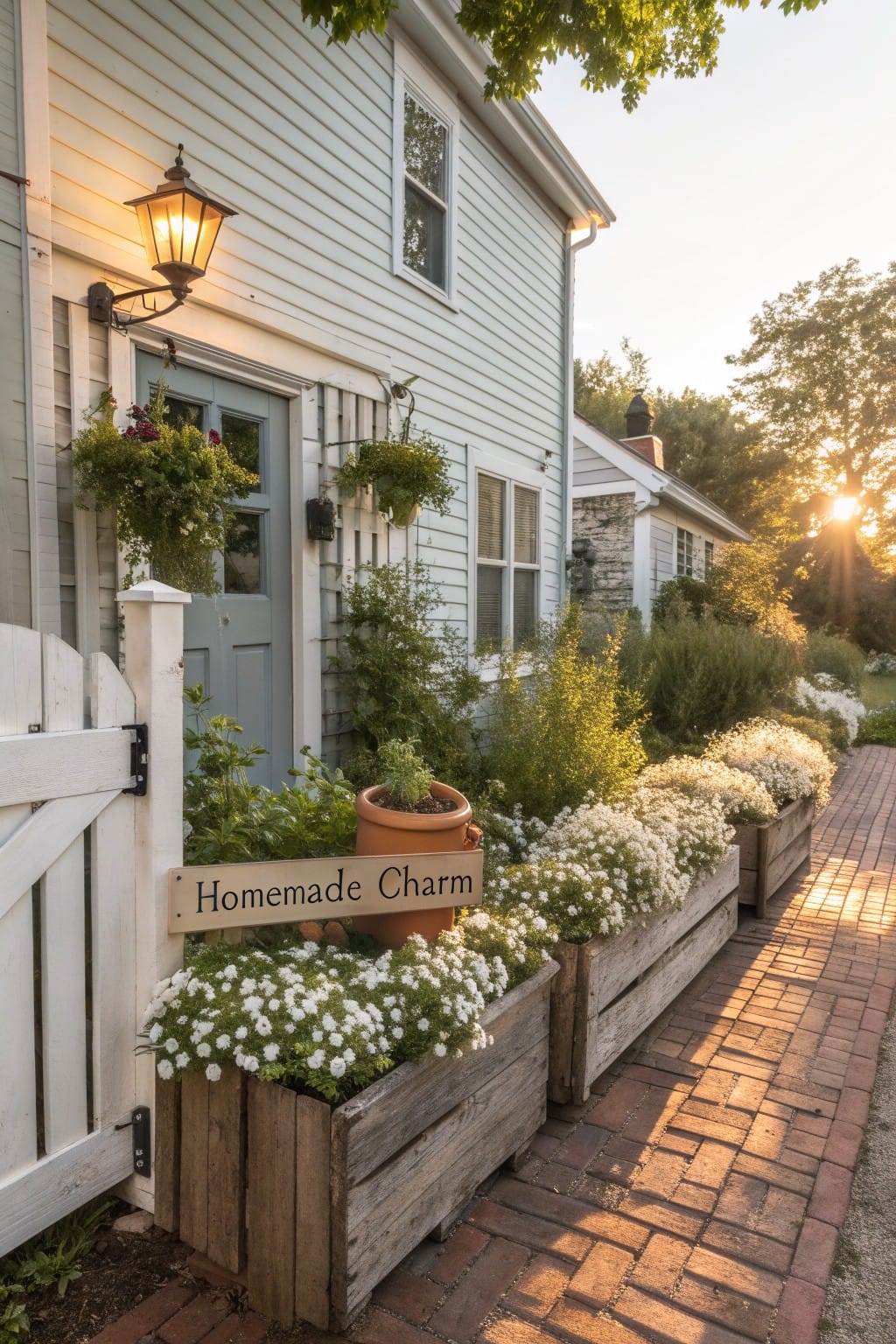 Light blue clapboard house with white picket fence gate, wooden crate planters filled with white flowers along a brick path, terracotta pot with plant, hanging lantern light, and "Homemade Charm" sign in evening sunlight.