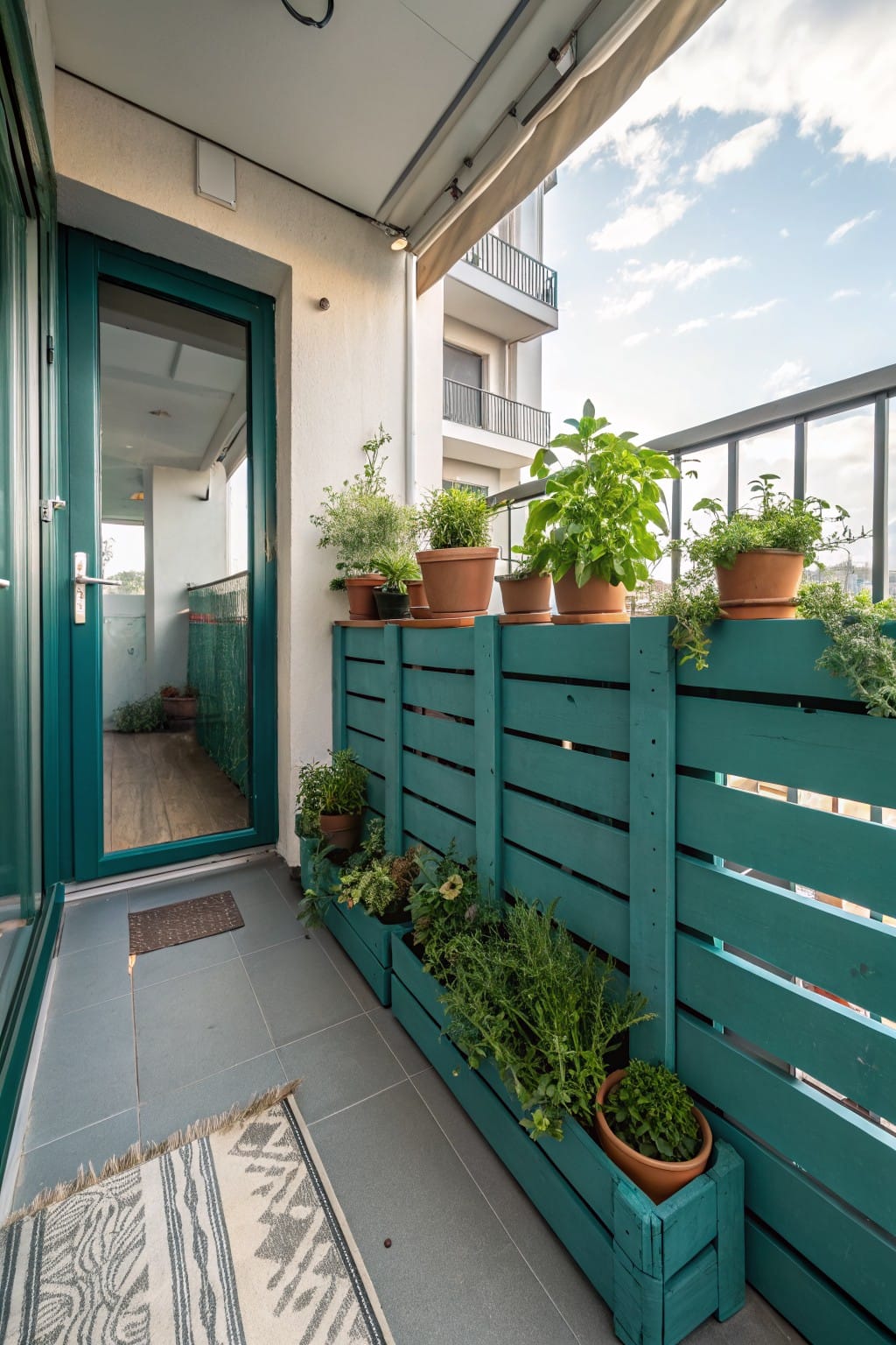 Teal-painted pallet wood fence along a balcony railing, repurposed as planters with herbs and small potted plants, next to a matching teal glass door.