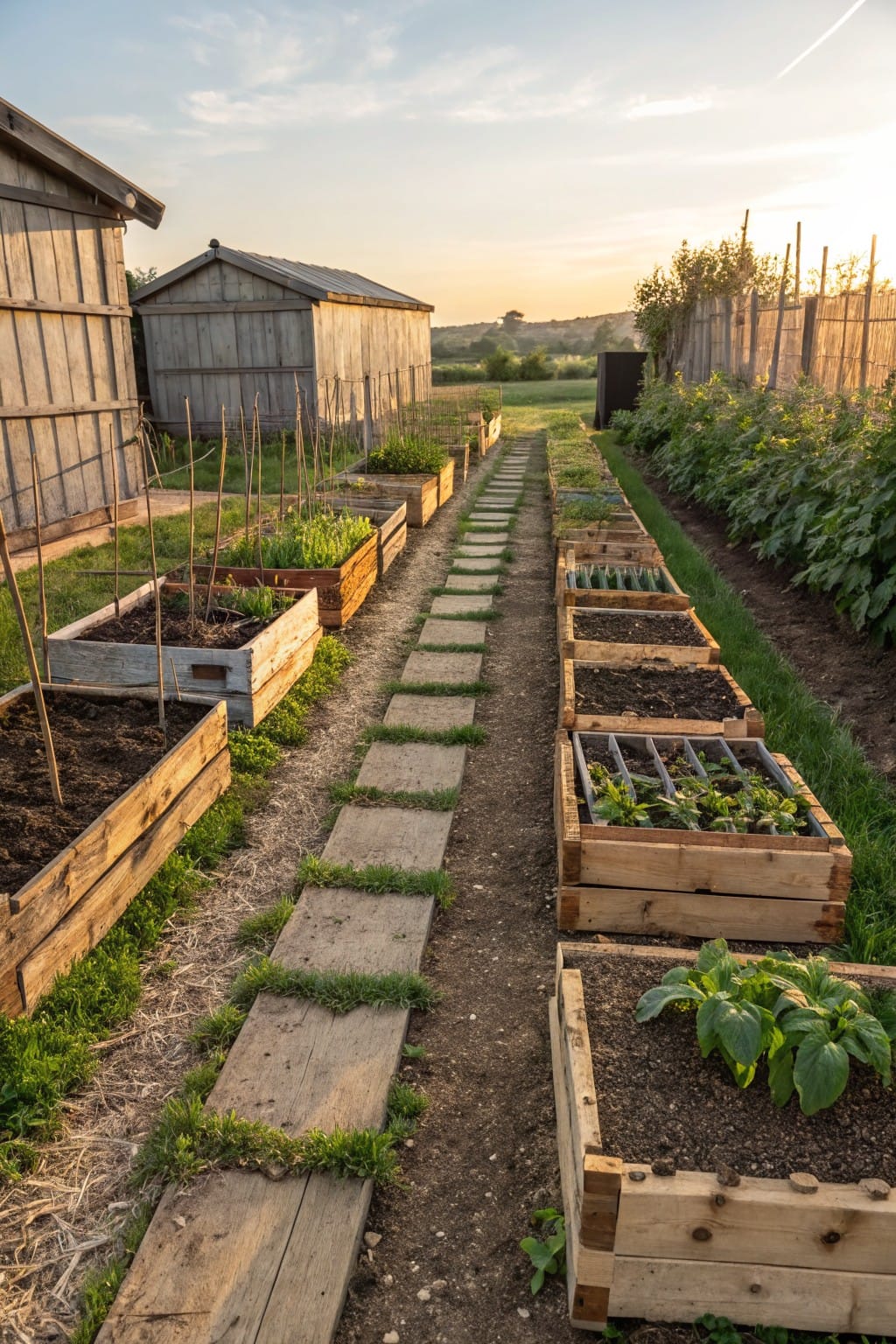 A stone slab pathway bordered by multiple wooden pallet raised garden beds filled with soil and young plants, next to wooden sheds and fenced garden areas.