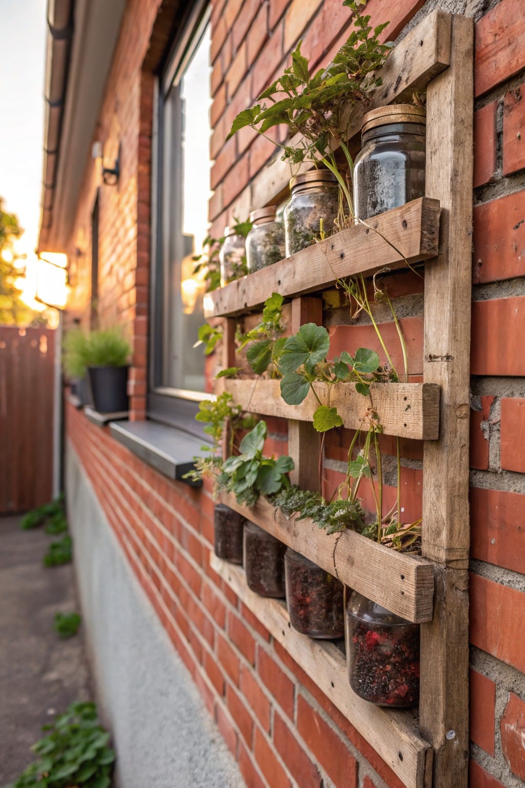 Weathered wooden pallet frame mounted vertically on a red brick exterior wall next to a window, holding several glass jars filled with soil, plants, and berries, with trailing green vines growing around it.