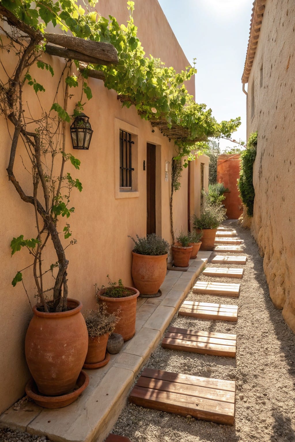 Narrow gravel pathway with wooden plank stepping stones between earthen walls, lined with large terracotta pots containing plants and shrubs.