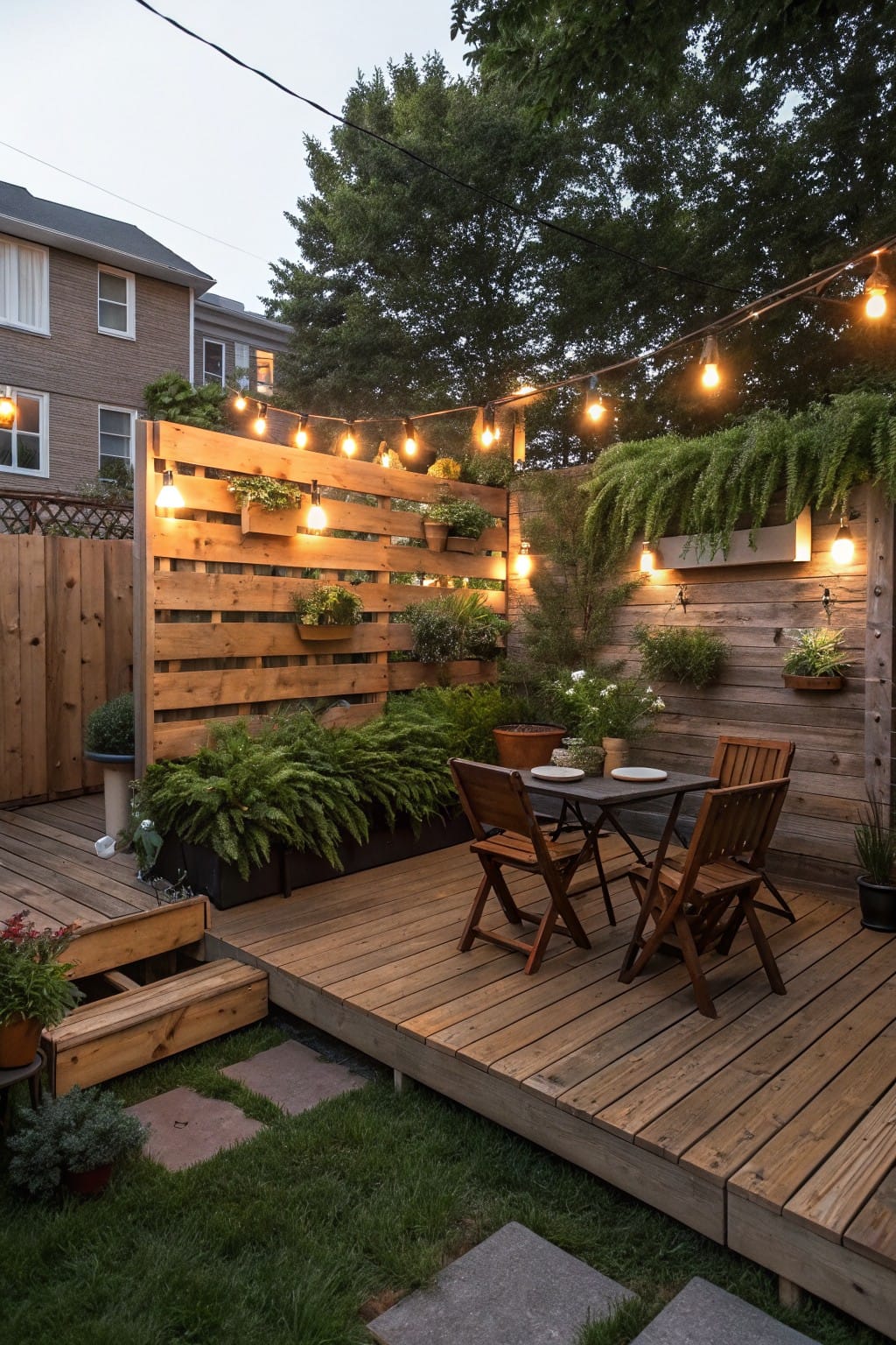 Backyard wooden deck with small table and chairs, enclosed by tall pallet fence holding multiple potted plants and lit by string lights and wall fixtures.