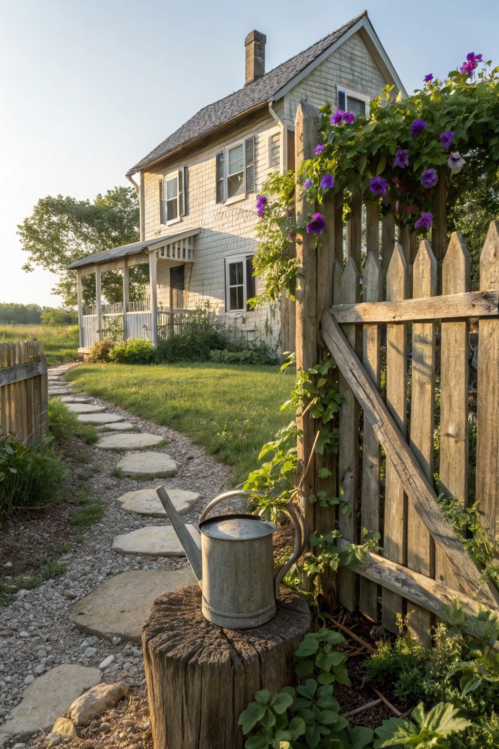 Weathered wooden picket fence overgrown with purple climbing flowers and vines, beside a stepping stone path with a metal watering can on a stump, leading toward a white clapboard house with porch.